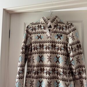 LL Bean Aztec Pattern Sweater Fleece Pullover - Taupe & Light Blue